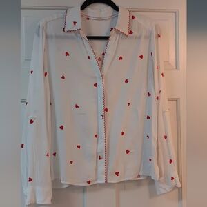 Jane and Delancey White Button Down Shirt with Red Hearts
